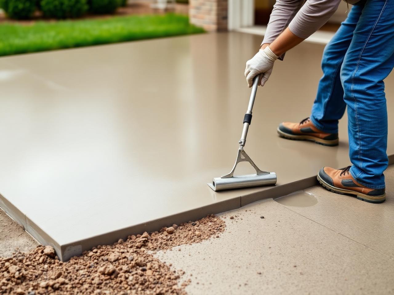 Concrete contractor finishing fresh poured driveway in Vaughan